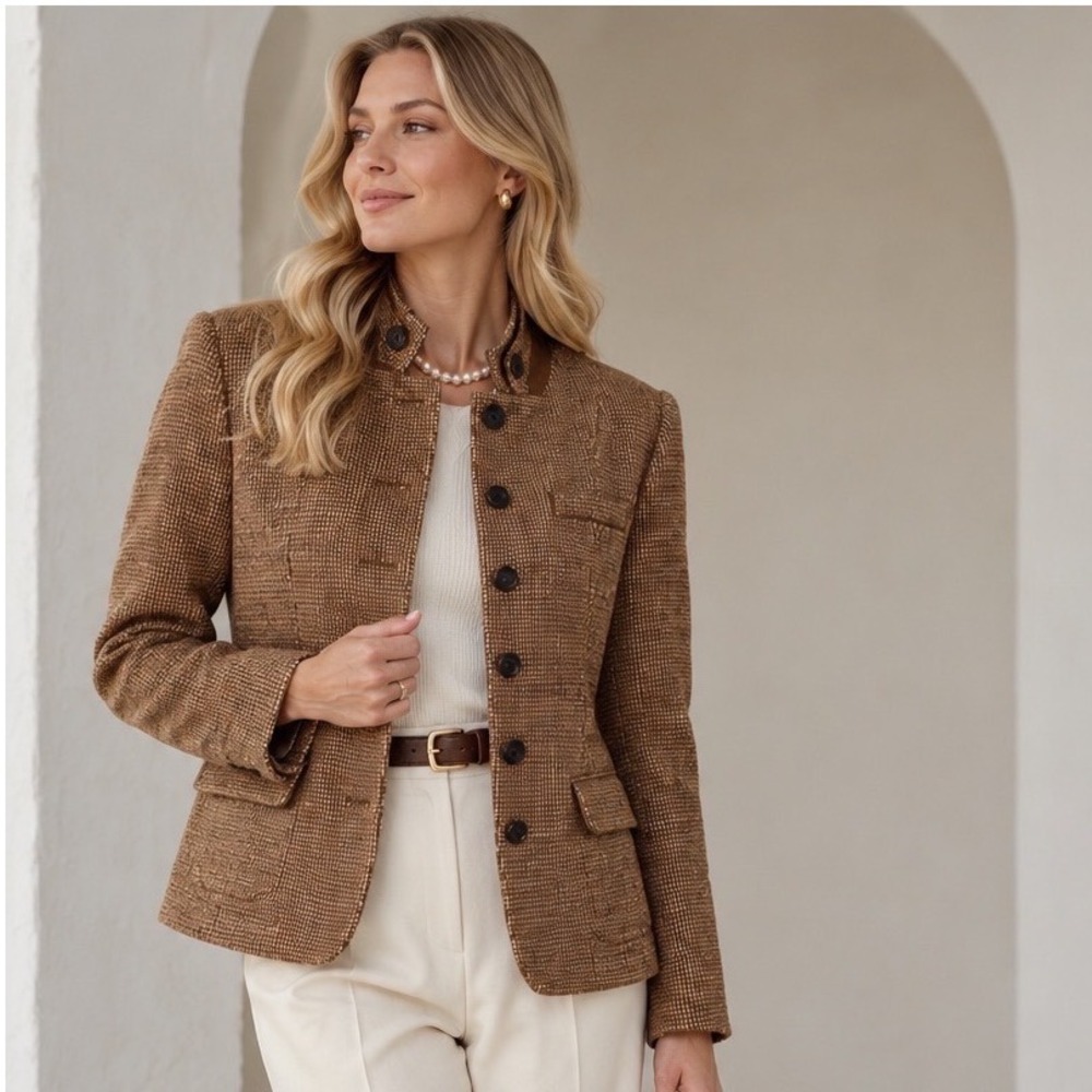 Talbots Tweed Jacket Womens 14 Brown Wool Blend Faux Suede Trim Dark Academia